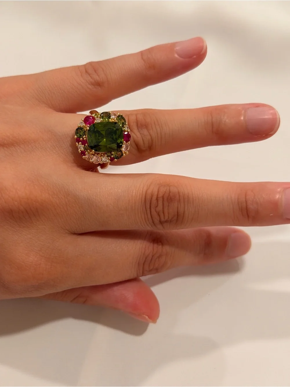 Gold Ring with Olive Green Center and Pink Accents